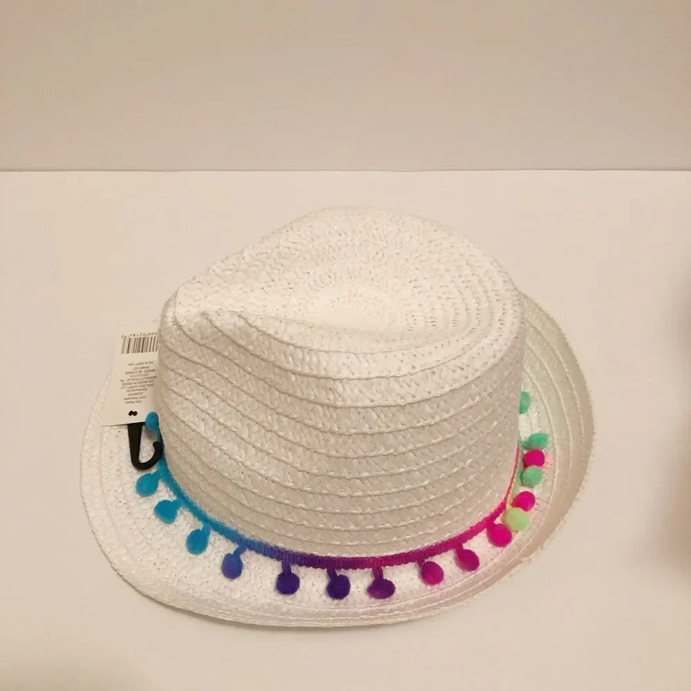 Girls white‎ Fedora with Rainbow Pom Pom’s